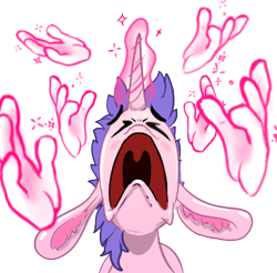 Size: 369x363 | Tagged: safe, alternate version, artist:xbi, imported from derpibooru, oc, oc only, oc:lapush buns, unicorn, bunny ears, bunnycorn, bwah, chin up, disappointed, dramatic, hand, magic, magic hands, open mouth, sad, simple background, solo, sticker, transparent background