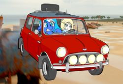 Size: 1609x1102 | Tagged: safe, artist:ramsfel, imported from derpibooru, oc, oc:fears, oc:moonlightbenighted, human, pony, unicorn, car, classic mini, driving, duo, ears back, human and pony, mini cooper, oc x oc, scared, shipping