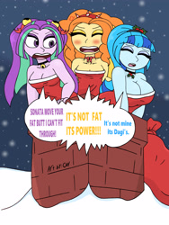 Size: 3000x4000 | Tagged: safe, artist:c_w, imported from derpibooru, adagio dazzle, aria blaze, sonata dusk, equestria girls, blushing, breasts, busty sonata dusk, chimney, christmas, cleavage, clothes, collar, costume, dialogue, eyelashes, eyes closed, eyeshadow, holiday, holly, jingle bells, makeup, open mouth, santa costume, sexy, sexy santa costume, snow, speech bubble, stuck, the dazzlings