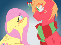 Size: 1024x768 | Tagged: safe, artist:askscarlettears, color edit, edit, imported from derpibooru, big macintosh, fluttershy, earth pony, pegasus, pony, blushing, clothes, colored, colored sketch, female, fluttermac, looking at each other, looking at someone, male, mare, mistletoe, scarf, shipping, sketch, smiling, stallion, straight