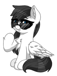 Size: 900x1200 | Tagged: safe, artist:coarfdraw, derpibooru exclusive, imported from derpibooru, oc, oc only, oc:jet blast, pegasus, pony, derpibooru community collaboration, 2022 community collab, blue eyes, chest fluff, ear fluff, female, gritted teeth, hoof fluff, simple background, smiling, solo, sunglasses, transparent background, wing fluff, wings