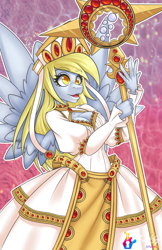Size: 660x1020 | Tagged: safe, artist:bumblebun, artist:inkkeystudios, imported from derpibooru, part of a set, derpy hooves, anthro, pegasus, breasts, busty derpy hooves, cleavage, cleric, clothes, crossover, diadem, dress, dungeons and dragons, epic derpy, fantasy class, female, healer, mare, pen and paper rpg, priest, rpg, signature, solo, staff, warcraft, world of warcraft