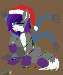 Size: 2362x2795 | Tagged: safe, artist:samsailz, imported from derpibooru, oc, :p, christmas, christmas lights, commission, hat, high res, holiday, lineless, mechanical arms, mechanical hands, no iris, one eye closed, santa hat, solo, tangled up, tongue out, wink, ych example, ych result, your character here