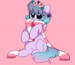 Size: 3897x3374 | Tagged: safe, artist:kittyrosie, imported from derpibooru, oc, oc only, earth pony, pony, blushing, christmas, clothes, commission, cute, earth pony oc, eyes closed, flower, flower in hair, high res, holiday, ocbetes, scarf, simple background, solo, striped scarf, ych result