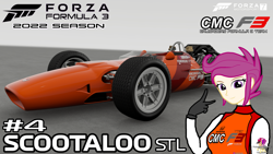 Size: 3840x2160 | Tagged: safe, artist:forzaveteranenigma, imported from derpibooru, scootaloo, equestria girls, car, formula 1, formula 3, forza motorsport 7, high res, honda, honda ra300, human coloration, motorsport, peace sign, racecar, racing suit