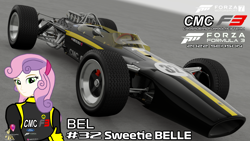Size: 3840x2160 | Tagged: safe, artist:forzaveteranenigma, imported from derpibooru, sweetie belle, equestria girls, car, ford, formula 1, formula 3, forza motorsport 7, high res, human coloration, lotus (car), lotus 49, motorsport, racecar, racing suit