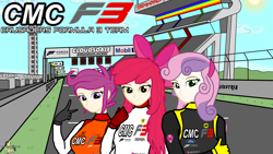 Size: 3840x2160 | Tagged: safe, artist:forzaveteranenigma, imported from derpibooru, apple bloom, scootaloo, sweetie belle, equestria girls, cloudsdale, cloudsdale international raceway, cutie mark crusaders, digital art, ferrari, ford, high res, honda, human coloration, ibispaint x, lotus (car), motorsport, peace sign, race track, racing suit, watermark