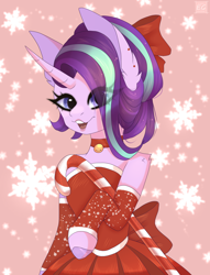 Size: 1576x2060 | Tagged: safe, artist:elektra-gertly, imported from derpibooru, starlight glimmer, semi-anthro, unicorn, bow, choker, christmas, ear fluff, eye clipping through hair, food, hair bow, holiday, open mouth, solo, sugar cane