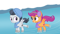 Size: 1280x720 | Tagged: safe, artist:mlplary6, imported from derpibooru, rumble, scootaloo, pegasus, pony, christmas, colt, female, filly, holiday, ice, ice skating, male, rumbloo, shipping, straight