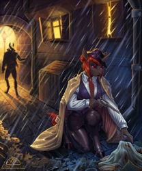 Size: 1067x1280 | Tagged: safe, artist:ladychimaera, imported from derpibooru, oc, oc only, anthro, unguligrade anthro, unicorn, blood, building, clothes, dead, duo, female, gun, hat, horn, kneeling, necktie, outdoors, suit, suspicious, unicorn oc, weapon