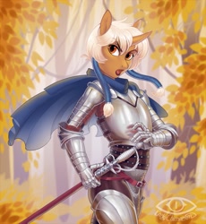 Size: 1179x1280 | Tagged: safe, artist:ladychimaera, imported from derpibooru, oc, oc only, anthro, unicorn, armor, cape, clothes, female, horn, outdoors, solo, sword, unicorn oc, weapon