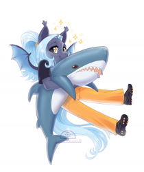 Size: 1280x1524 | Tagged: safe, artist:ladychimaera, imported from derpibooru, oc, oc only, oc:asterisk, anthro, bat pony, shark, bat pony oc, bat wings, blåhaj, clothes, plushie, shark plushie, shoes, simple background, smiling, solo, white background, wings