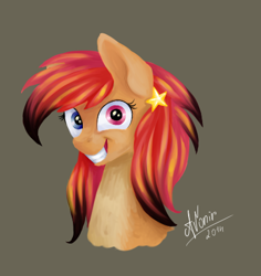 Size: 419x443 | Tagged: safe, artist:avonir, imported from derpibooru, oc, earth pony, pony, bust, earth pony oc, eyelashes, female, heterochromia, mare, signature, simple background, smiling, solo