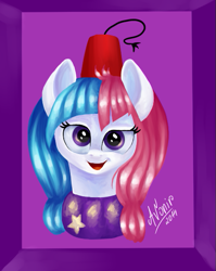 Size: 451x567 | Tagged: safe, artist:avonir, imported from derpibooru, earth pony, pony, abstract background, bust, eyelashes, female, fez, hat, mare, signature, smiling, solo