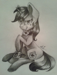 Size: 453x604 | Tagged: safe, artist:avonir, imported from derpibooru, oc, oc only, oc:blackjack, pony, unicorn, fallout equestria, fallout equestria: project horizons, ace of spades, grayscale, horn, monochrome, pipbuck, playing card, signature, sitting, smiling, solo, traditional art, unicorn oc