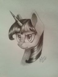 Size: 453x604 | Tagged: safe, artist:avonir, imported from derpibooru, twilight sparkle, pony, unicorn, female, frown, grayscale, mare, monochrome, signature, solo, traditional art, unicorn twilight