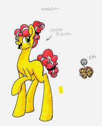 Size: 1127x1398 | Tagged: safe, artist:ask-y, imported from derpibooru, oc, oc only, oc:cheese pizza, earth pony, pony, earth pony oc, female, freckles, mare, offspring, parent:oc:cream cheese, parent:oc:swindle apple, parents:oc x oc, raised hoof, smiling, solo, traditional art