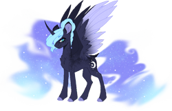 Size: 874x563 | Tagged: safe, artist:enifersuch, imported from derpibooru, princess luna, alicorn, pony, alternate design, base used, colored hooves, ethereal mane, female, horn, mare, simple background, smiling, solo, starry mane, transparent background, wings