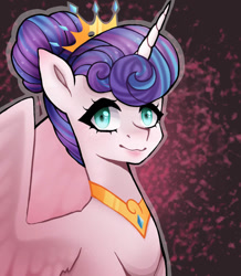 Size: 834x958 | Tagged: safe, artist:enifersuch, imported from derpibooru, princess flurry heart, alicorn, pony, abstract background, bust, female, horn, jewelry, mare, older, older flurry heart, smiling, solo, tiara, wings