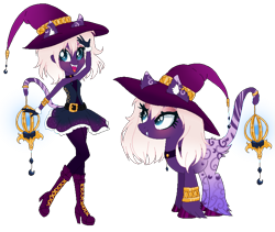 Size: 750x632 | Tagged: safe, artist:gihhbloonde, imported from derpibooru, oc, oc only, equestria girls, base used, blushing, boots, clothes, duo, equestria girls-ified, eyelashes, female, gloves, hat, high heel boots, hoof polish, lantern, shoes, simple background, skirt, smiling, transparent background, witch hat