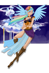 Size: 2000x2941 | Tagged: safe, artist:moryartix, imported from derpibooru, rainbow dash, human, alternate hairstyle, boots, cloudsdale, eared humanization, female, flying, high res, humanized, ponytail, shoes, simple background, solo, transparent background, winged humanization, wings