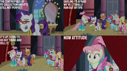 Size: 1280x720 | Tagged: safe, edit, edited screencap, editor:quoterific, imported from derpibooru, screencap, bleeding heart, blue bobbin, rarity, sassy saddles, starke kragen, pegasus, pony, unicorn, fake it 'til you make it, season 8, spoiler:s08, eyes closed, female, magic, mare, open mouth, telekinesis