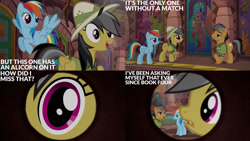 Size: 1280x720 | Tagged: safe, edit, edited screencap, editor:quoterific, imported from derpibooru, screencap, daring do, quibble pants, rainbow dash, earth pony, pegasus, pony, season 6, stranger than fan fiction, female, flying, male, mare, open mouth, open smile, smiling, stallion