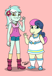 Size: 1169x1700 | Tagged: safe, artist:tmntsam, imported from derpibooru, bon bon, lyra heartstrings, sweetie drops, equestria girls, bbw, bon blob, duo, duo female, equestria girls toon, fat, female, four fingers, height difference, simple background, smiling