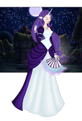 Size: 2000x2941 | Tagged: safe, artist:moryartix, imported from derpibooru, rarity, human, clothes, dress, eyes closed, fan, female, full moon, high res, horn, horned humanization, humanized, moon, night, simple background, smiling, solo, transparent background