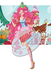 Size: 2000x2941 | Tagged: safe, artist:moryartix, imported from derpibooru, gummy, pinkie pie, alligator, human, clothes, dress, duo, female, high res, humanized, outdoors, simple background, smiling, transparent background