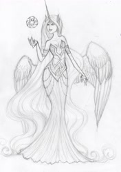 Size: 2379x3375 | Tagged: safe, artist:moryartix, imported from derpibooru, princess celestia, human, alicorn humanization, clothes, dress, female, high res, horned humanization, humanized, solo, traditional art, winged humanization