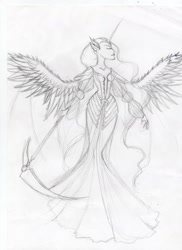 Size: 2550x3509 | Tagged: safe, artist:moryartix, imported from derpibooru, princess luna, human, clothes, dress, female, high res, humanized, scythe, solo, spread wings, traditional art, wings