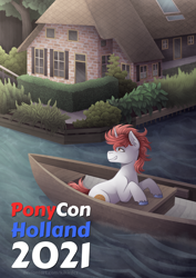 Size: 2338x3306 | Tagged: safe, artist:kikirdcz, imported from derpibooru, oc, oc only, oc:stroopwafeltje, oc:waffles, pony, unicorn, 2021, boat, giethoorn, high res, netherlands, overijssel, ponycon holland, solo