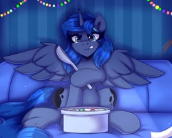 Size: 2500x2000 | Tagged: safe, artist:shadowreindeer, imported from derpibooru, princess luna, alicorn, pony, cereal, couch, crying, female, food, high res, horn, mare, sad, sitting, solo, spoon, spread wings, wings