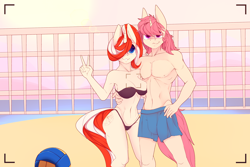 Size: 3600x2400 | Tagged: safe, artist:chapaevv, imported from derpibooru, oc, oc:glittering lights, anthro, unicorn, beach, big breasts, bikini, bra, breasts, camera, cleavage, clothes, commission, duo, female, high res, horn, looking at you, male, offscreen character, panties, peace sign, swimsuit