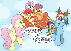 Size: 1887x1356 | Tagged: safe, artist:doodledonutart, imported from derpibooru, apple bloom, fluttershy, rainbow dash, scootaloo, sweetie belle, earth pony, pegasus, pony, unicorn, antlers, comic, cutie mark crusaders, dialogue, ears back, female, filly, folded wings, green eyes, horn, mare, multicolored hair, multicolored mane, multicolored tail, open mouth, open smile, orange eyes, pink mane, pink tail, purple eyes, rainbow hair, rainbow tail, red mane, reindeer antlers, sleigh, smiling, snow, speech bubble, standing, tail, teal eyes, tongue out, two toned mane, wings
