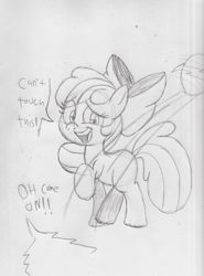 Size: 2476x3350 | Tagged: safe, artist:theobviousdecoy, imported from derpibooru, apple bloom, earth pony, pony, ball, female, filly, high res, sketch, solo, speech bubble, traditional art