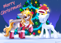 Size: 4960x3496 | Tagged: safe, artist:airiniblock, imported from derpibooru, oc, oc only, oc:stormy, alicorn, pony, alicorn oc, christmas, hat, holiday, horn, night, santa hat, snow, snowpony, solo, tree, wings, winter