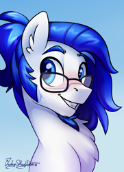 Size: 2000x2760 | Tagged: safe, artist:jedayskayvoker, imported from derpibooru, oc, oc only, blushing, bust, cute, eyebrows, eyebrows visible through hair, glasses, high res, icon, looking at you, male, oc name needed, ponytail, portrait, smiling, solo, stallion