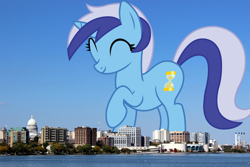 Size: 2100x1400 | Tagged: safe, artist:birthofthepheonix, artist:thegiantponyfan, imported from derpibooru, minuette, pony, unicorn, female, giant pony, giant unicorn, giantess, highrise ponies, irl, macro, madison, mare, mega giant, mega/giant minuette, photo, ponies in real life, wisconsin