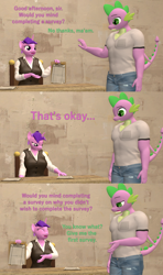 Size: 1920x3240 | Tagged: safe, artist:papadragon69, imported from derpibooru, amethyst star, sparkler, spike, anthro, dragon, unicorn, 3d, clipboard, clothes, comic, dialogue, eyes closed, female, gigachad spike, jeans, lidded eyes, male, older, older spike, open mouth, open smile, pants, pencil, shirt, smiling, source filmmaker, survey, table, vest