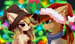 Size: 7576x4520 | Tagged: safe, artist:airiniblock, imported from derpibooru, oc, oc only, oc:arid bounty, oc:candy pot, pony, chest fluff, christmas, christmas tree, clothes, duo, ear fluff, eye clipping through hair, hat, holiday, holly, holly mistaken for mistletoe, rcf community, santa hat, scarf, tree, witch hat