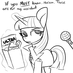 Size: 1440x1440 | Tagged: safe, artist:tjpones, imported from derpibooru, twilight sparkle, pony, unicorn, clothes, dialogue, female, grayscale, grocery bag, implied spike, levitation, magic, mare, microphone, monochrome, offscreen character, paper bag, simple background, solo, telekinesis, trenchcoat, white background