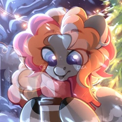 Size: 1080x1080 | Tagged: safe, artist:tsarstvo, imported from derpibooru, oc, oc only, earth pony, pony, bust, christmas, christmas tree, clothes, coffee, female, holiday, mare, portrait, scarf, solo, tree, winter