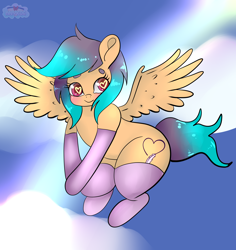 Size: 2480x2628 | Tagged: safe, artist:anykoe, imported from derpibooru, oc, oc:lovelia, pegasus, pony, clothes, cute, high res, sky, socks, solo, stockings, thigh highs