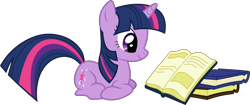 Size: 6000x2519 | Tagged: safe, artist:twilirity, imported from derpibooru, twilight sparkle, pony, unicorn, applebuck season, .svg available, book, female, high res, horn, lying, lying down, mare, multicolored mane, multicolored tail, ponyloaf, prone, purple eyes, reading, simple background, smiling, solo, tail, transparent background, unicorn twilight, vector