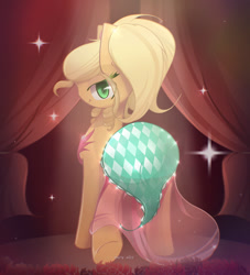 Size: 2000x2200 | Tagged: safe, artist:miryelis, imported from derpibooru, applejack, earth pony, pony, simple ways, applebutt, applejewel, blinking, butt, clothes, curtains, dress, full body, hair, high res, looking, looking at you, plot, smiling, smiling at you, solo