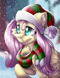 Size: 2550x3300 | Tagged: safe, artist:mychelle, imported from derpibooru, fluttershy, pegasus, pony, bust, cheek fluff, chest fluff, christmas, clothes, ear fluff, female, folded wings, hat, high res, holiday, mare, outdoors, raised hoof, santa hat, scarf, shoulder fluff, snow, snowfall, solo, stray strand, striped scarf, three quarter view, wings, winter outfit