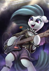 Size: 2253x3246 | Tagged: safe, artist:foxpit, imported from derpibooru, marble pie, earth pony, pony, bipedal, bracelet, chains, choker, clothes, electric guitar, female, guitar, happy, high res, jewelry, mare, musical instrument, open mouth, open smile, playing instrument, rock (music), shirt, shorts, smiling, spiked choker, stage, supreme