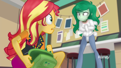 Size: 1920x1080 | Tagged: safe, alternate version, edit, edited screencap, imported from derpibooru, screencap, sunset shimmer, wallflower blush, equestria girls, equestria girls series, forgotten friendship, angry, backpack, bondage, desk, discovery family, discovery family logo, duo, eye contact, female, freckles, logo, looking at each other, looking at someone, photos, straitjacket, surprised